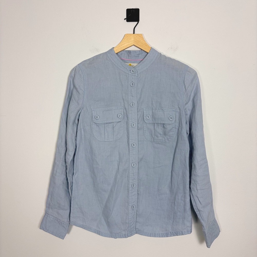 Boden Womens Blue Linen Band Collar Button Up Shirt‎ Top UK 8 US 4 Linen Blend